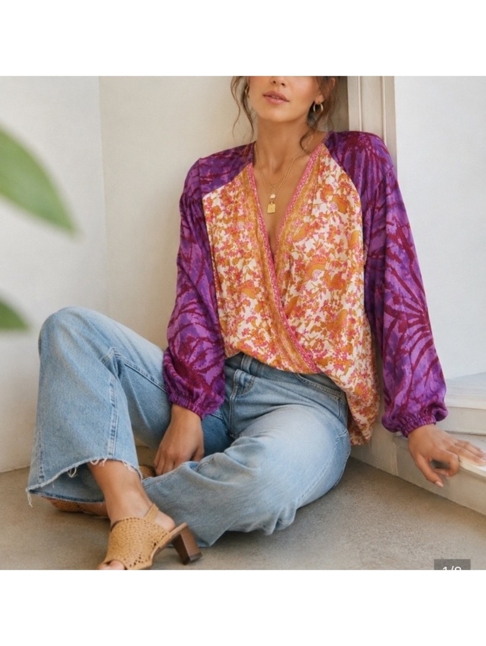 Free People Boho Floral Wrap Blouse with Purple Tie-Dye Raglan Sleeves Size S